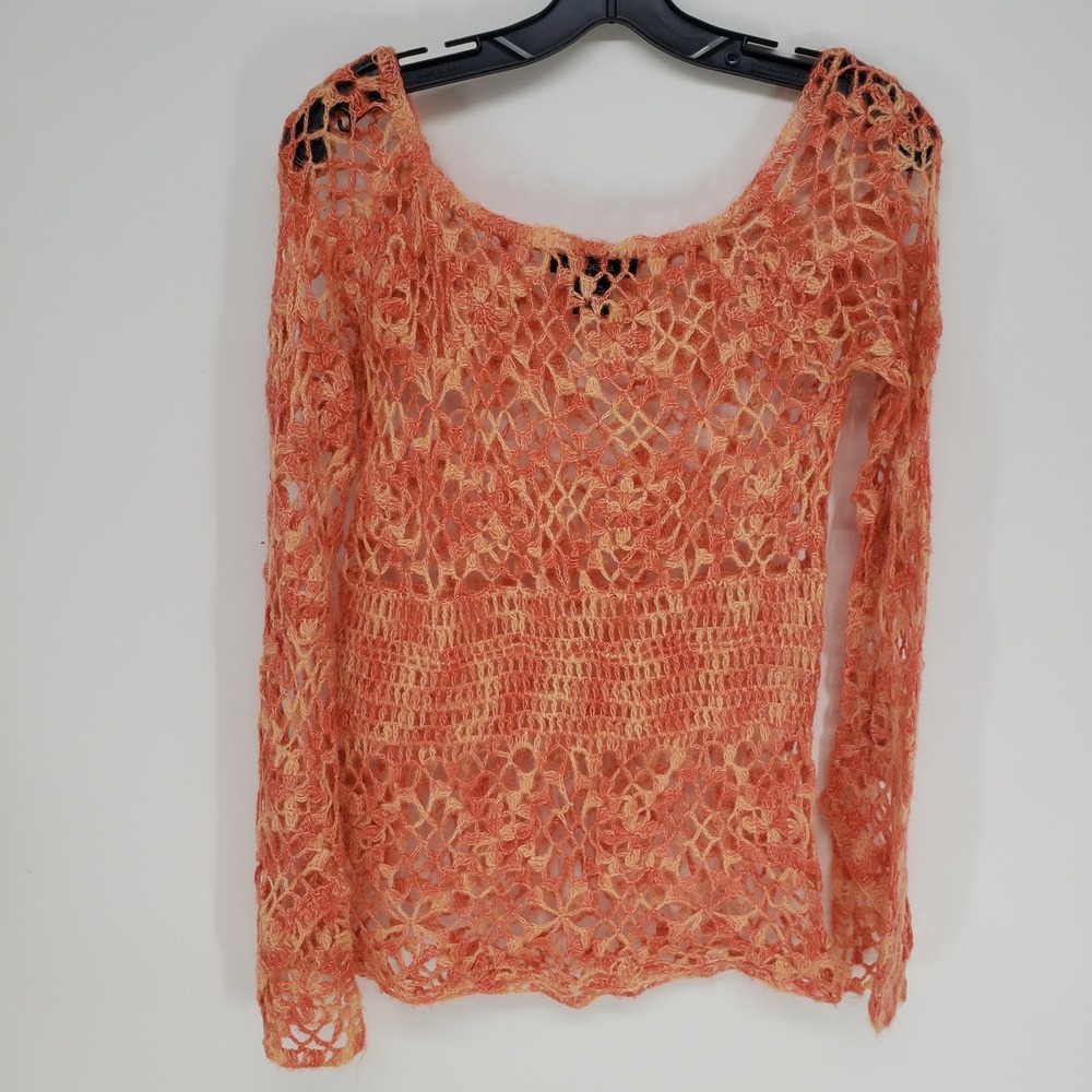 Y2K Arden B Crochet Open Knit Sweater Womens Small Orange Mohair Blend Boho Top